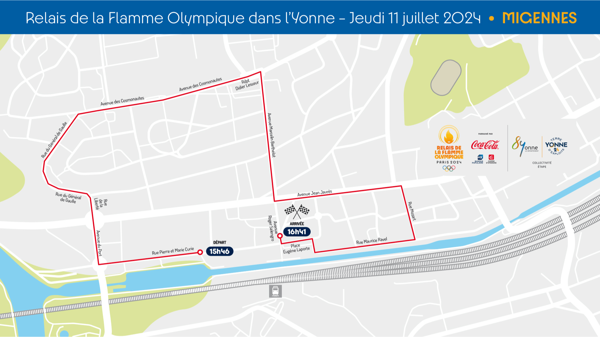 Migennes - Tracé détaillé du Parcours de la Flamme Olympique dans l'Yonne