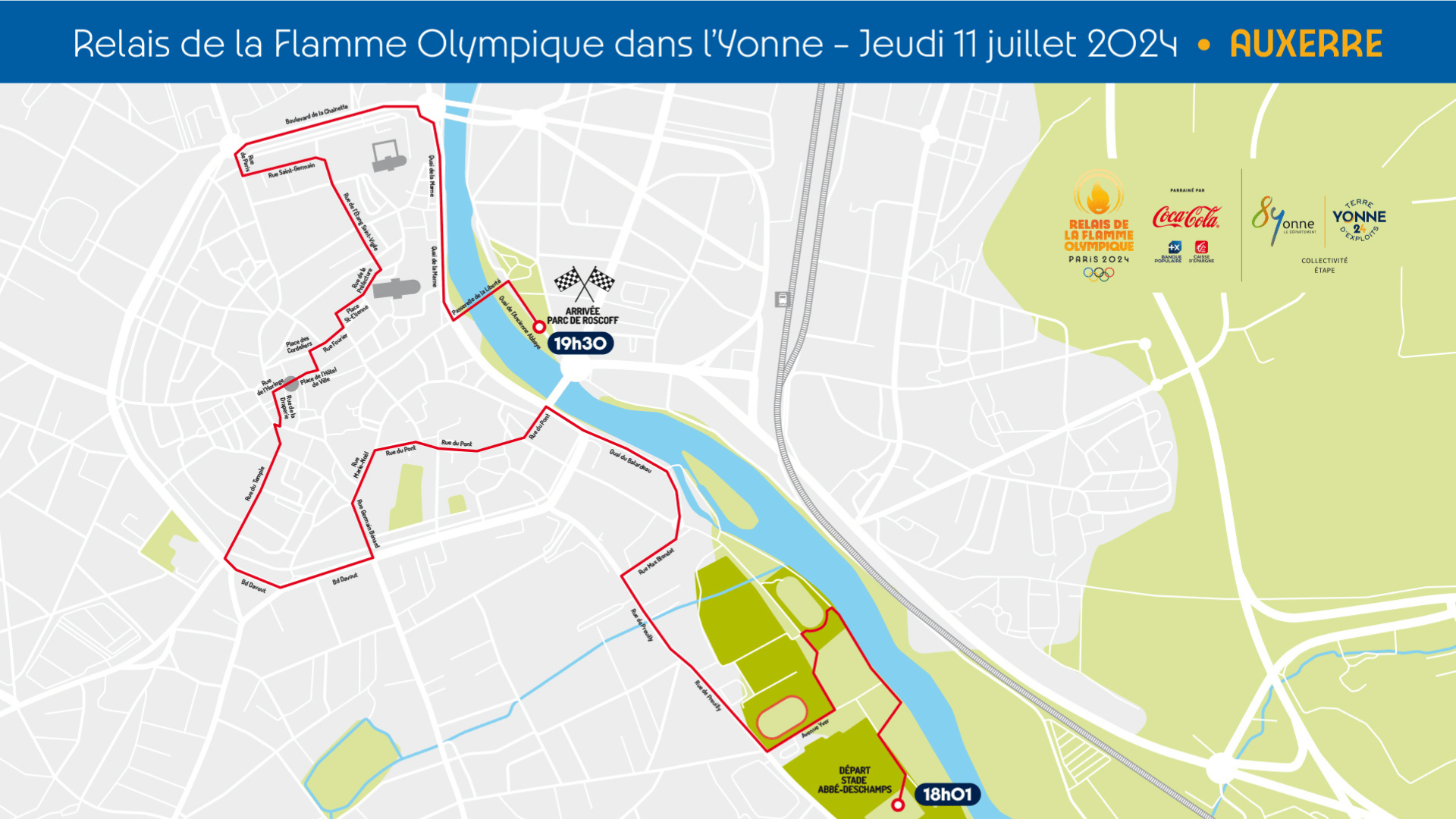 Auxerre - Tracé détaillé du Parcours de la Flamme Olympique dans l'Yonne