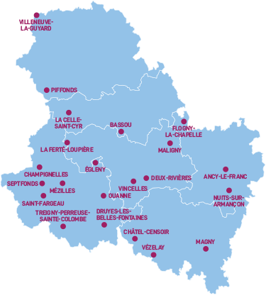 carte des points de rencontre du Family Bus dans l'Yonne 2025